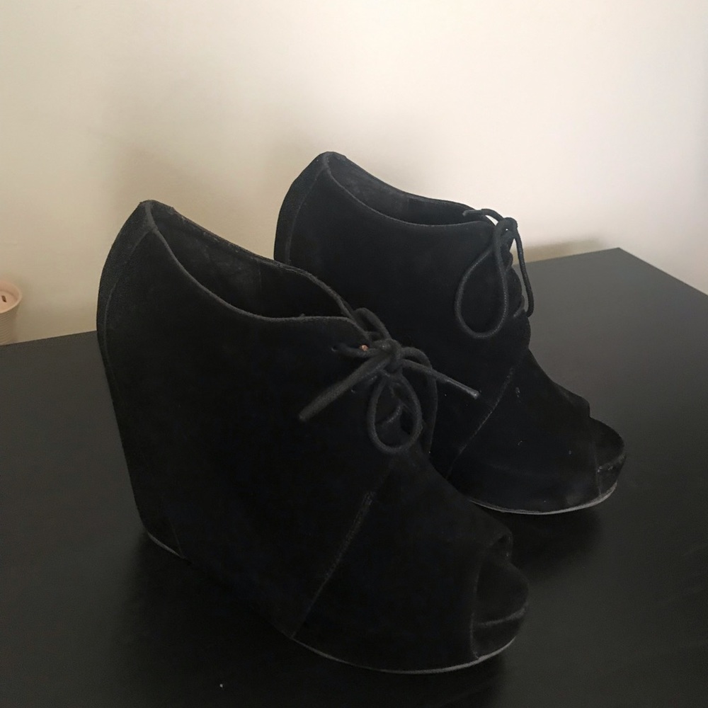 Black Suede Open-Toe Wedge